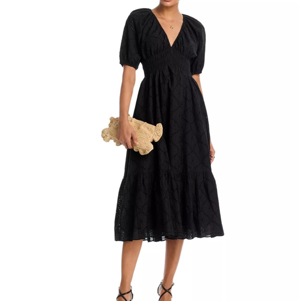 NWT Bloomingdale's AQUA Eyelet V-Neck Midi Dress – Size S – Black